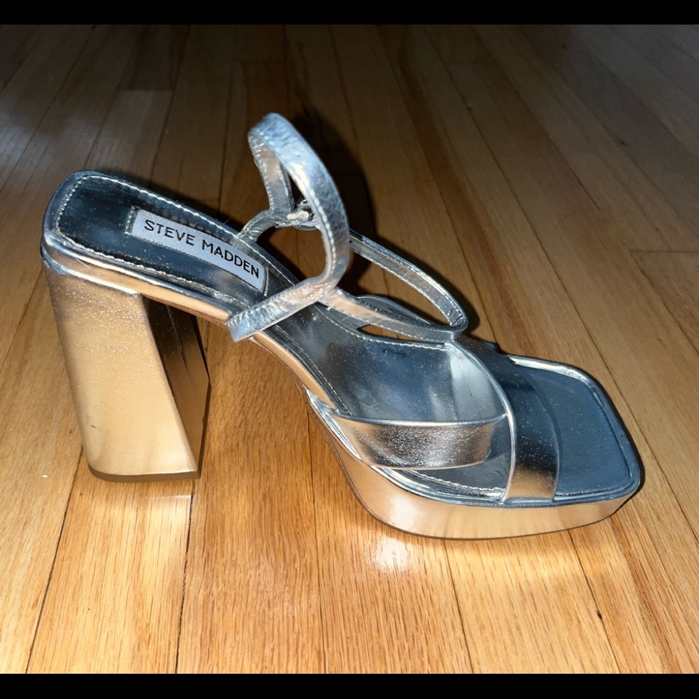 Worn once! Gorgeous silver Steve Madden chunky wedge strappy high heels
